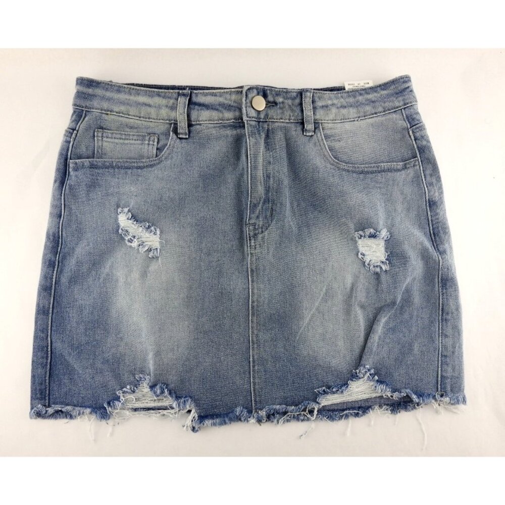 Gobles Denim Mini Skirt Light Wash Distressed Raw Hem High Rise Size Large - Picture 2 of 7